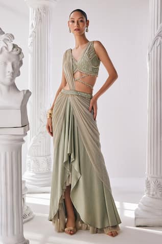 Mandira Wirk Embellished Sleeveless Corset Pre-Draped Saree Set 