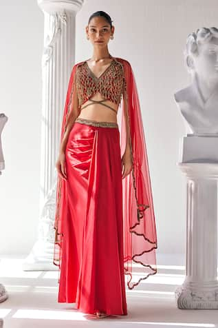 Mandira Wirk Tassel Embroidered Draped Skirt Set 