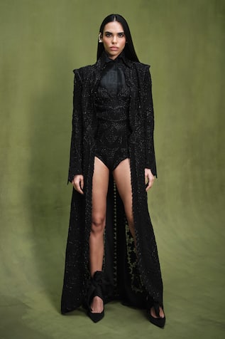 Pankaj & Nidhi Queen Of Clovers Embellished Noire Jacket Set 