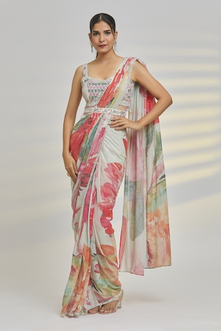 Nazaakat by Samara Singh Pre-Draped Floral Print Saree & Blouse Set