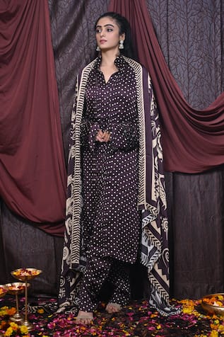 Mirkashi Polka Dot Print Pleated Kurta Pant Set 