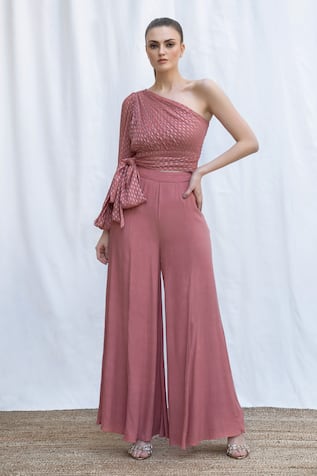 AMRTA by GUNEET KONDAL Hand Pleated One Shoulder Top With Flared Pant 