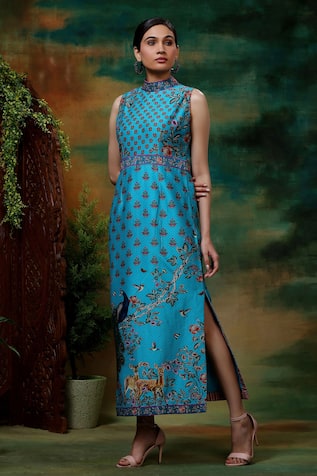 SAMVRIH Neel Mayuri Print Long A-Line Dress 