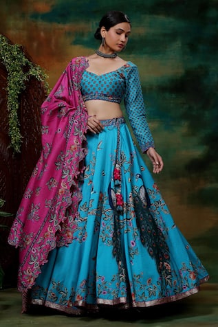 SAMVRIH Neel Mayur Peacock Printed Lehenga Set 