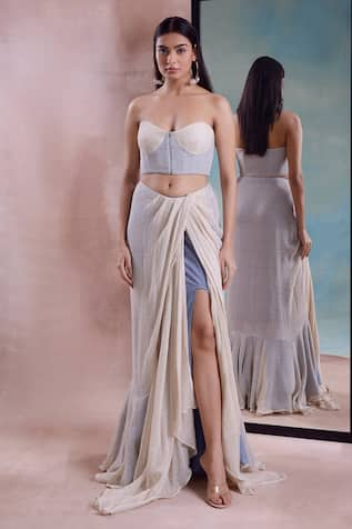 Shwetanga Mesh Draped Slit Skirt With Corset Blouse 