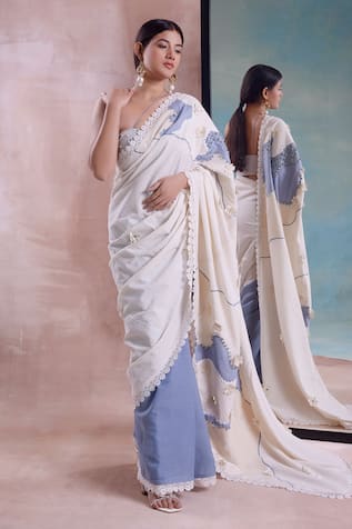 Shwetanga Blossom Applique Seersucker Saree With Off Shoulder Blouse 