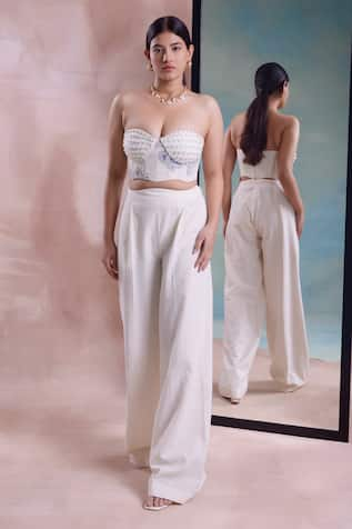 Shwetanga Pearl Embellished Bustier With Flared Seersucker Pant 