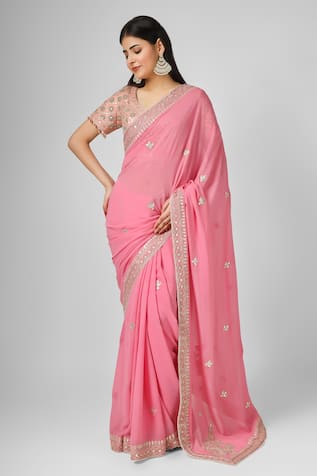 HOUSE OF SUPRIYA Floret Border Embroidered Saree With Embroidered Blouse 