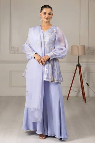 HOUSE OF SUPRIYA Embroidered Puff Sleeve Kurta Sharara Set 