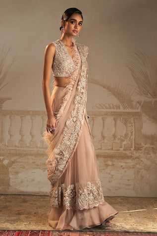 Ridhi Mehra Pakeeza Feather Embellished Pre-Draped Saree With Blouse 