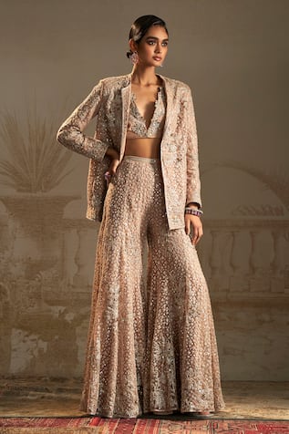 Ridhi Mehra Floral Embroidered Jacket Flared Pant Set 