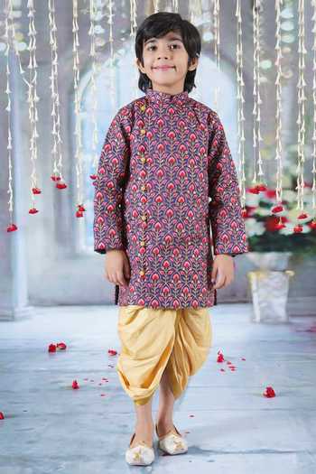 Little Bansi Bageecha Floral Thread Work Angarkha Sherwani Dhoti Set 