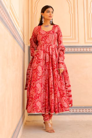 ASRUMO Chanderi Flower Hand Block Print Anarkali Set 