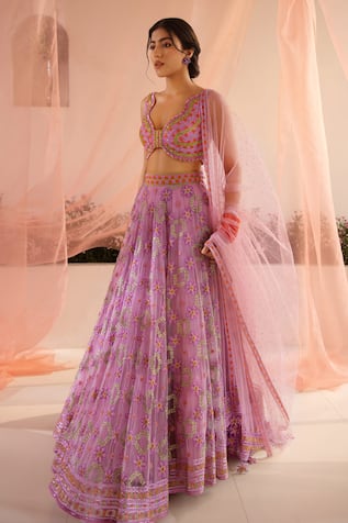 TUHINA SRIVASTAVA Periwinkle Fleur Embroidered Bridal Lehenga Set 