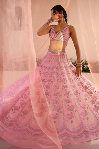 TUHINA SRIVASTAVA Pansy Bloom Embroidered Bridal Lehenga Set 