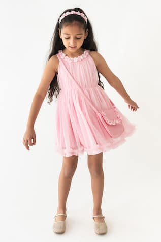 A Little Fable Floral Applique Pink Pleated Dress 