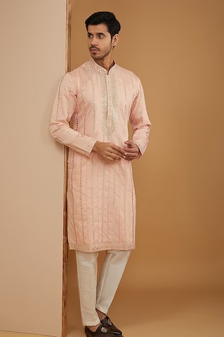Peach Mirror Work Kurta Set For Kids