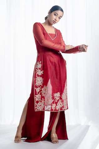 Harshita Jain Sola Silk Organza Floral Embroidered Kurta Flared Pant Set 