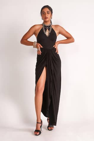 House of Three Nurit High Slit Draped Dress 