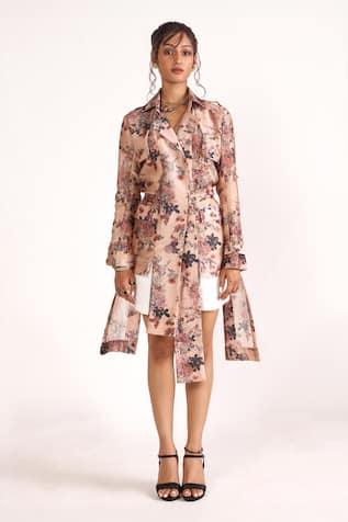 House Of Three Avi Floral Print Detachable Panel Trench Coat 