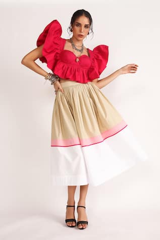 House of Three Missy Color Block Flared Skirt 