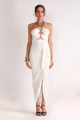 House of Three Titania Chain Halter Neck Draped Dress 