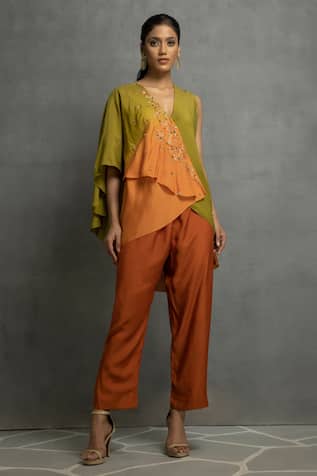 Floral Embroidered Asymmetric Top & Pant Set 