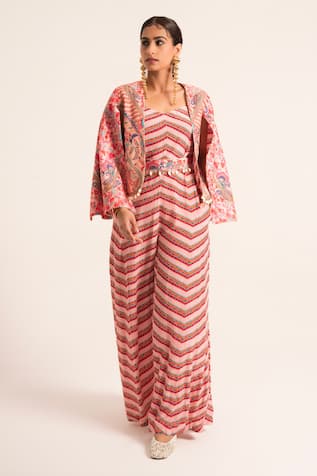 Ruhr India Chevron Print Jumpsuit Jacket Set 