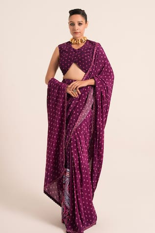 Ruhr India Embellished Scallop Hem Pre-drapped Saree With Blouse 