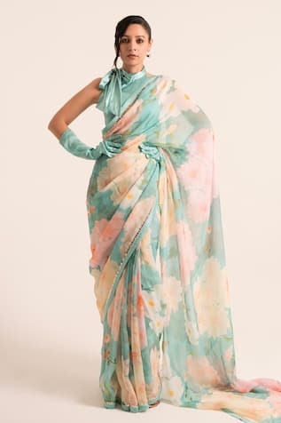 Ruhr India Floral Print Saree With Blouse 