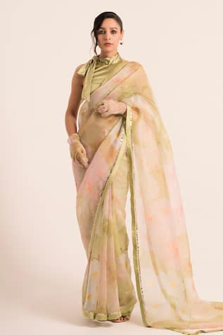 Ruhr India Floral Print Embellished Saree With Blouse 