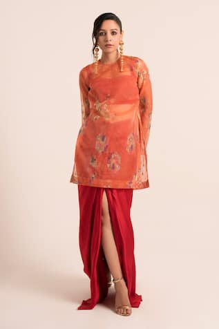 Ruhr India Embellished Sheer Straight Kurta & Draped Dhoti 