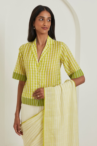Surmaye Gingham Checkered Pattern Shirt Saree Blouse