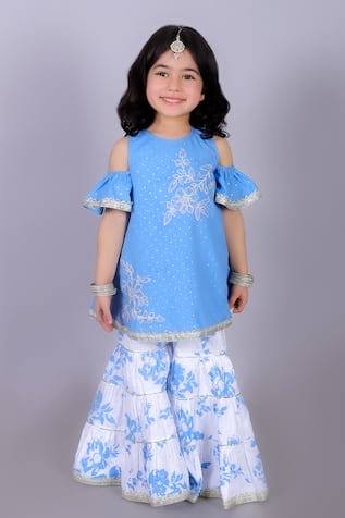 LIL DRAMA Foil Polka Print Cold Shoulder Kurta Sharara Set 