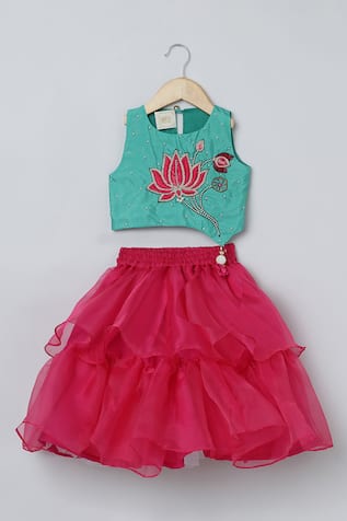 Lotus Floral Embroidered Top & Layered Skirt Set 