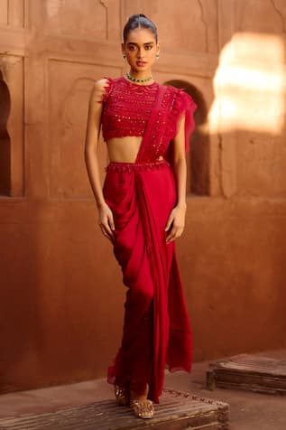 Awigna Garnet Bead Embroidered Blouse With Pre-Draped Saree 