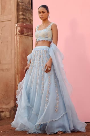 Awigna Bead Embroidered Asymmetric Layered Lehenga Set 