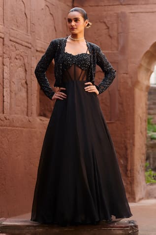 Awigna Negra Embroidered Gown With Jacket 