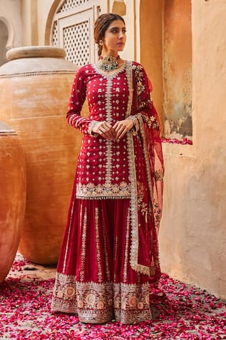 LASHKARAA Zari Embroidered Butti Kurta Gharara Set 