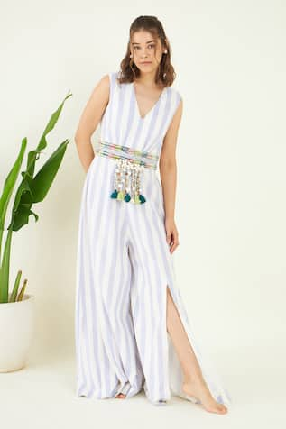 Bohobi Boho Striped Cowrie Embellished Jumpsuit 