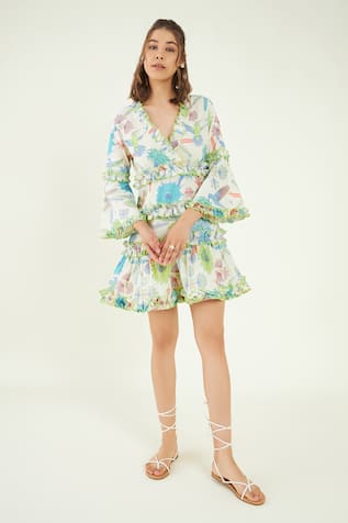 Bohobi Hummingbird Bloom Print Ruffled Dress 