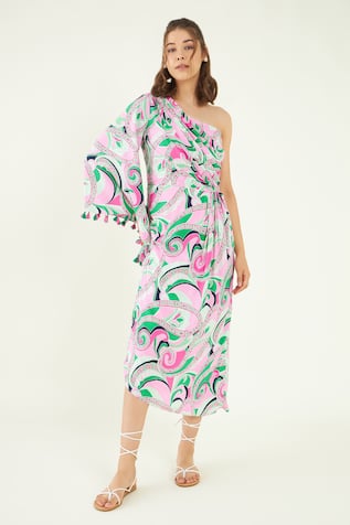 Bohobi Fleur Graffiti Print One Shoulder Draped Dress 