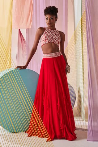 Anu Pellakuru Damask Embroidered Crop Top With Ruffled Lehenga 