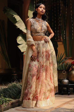 Archana Jaju Floral Hand Painted Lehenga Set 