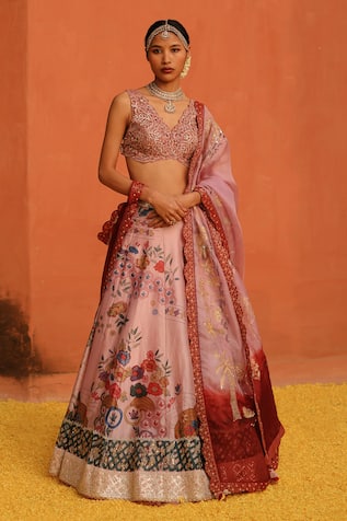 Archana Jaju Kalamkari Floral Handpainted Lehenga Set 