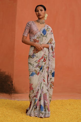 Archana Jaju Floral Kalamkari Handpainted Saree With Embroidered Blouse 