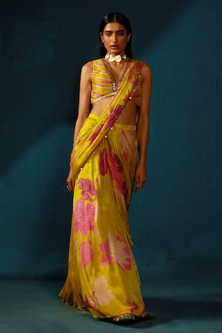 Basil Leaf Floral Print Pre-Draped Saree With Blouse 