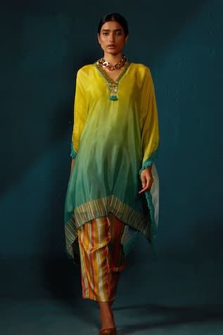 Basil Leaf Shaded Kaftan Kurta & Striped Pant Set 