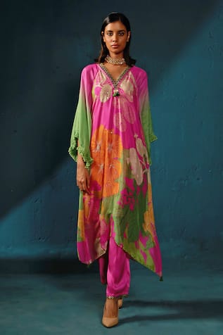 Basil Leaf Chinon Chiffon Floral Abstract Print Kurta & Pant Set 