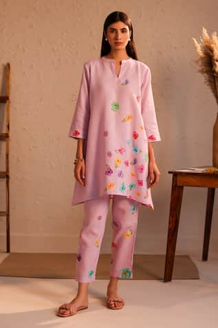 ROZA Limoncello Pancies Flower Pattern Linen Tunic 